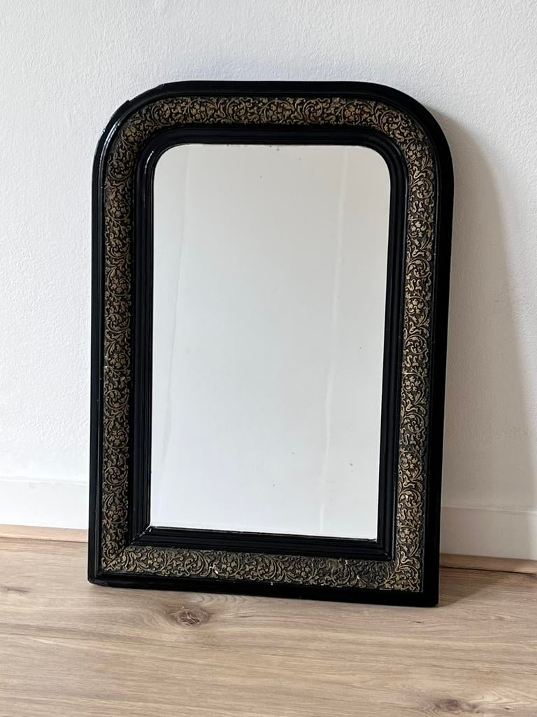 Franse boogspiegel, zwart met goud, 55 x 38 cm, Ophalen, Overige vormen, Minder dan 50 cm, Minder dan 100 cm
