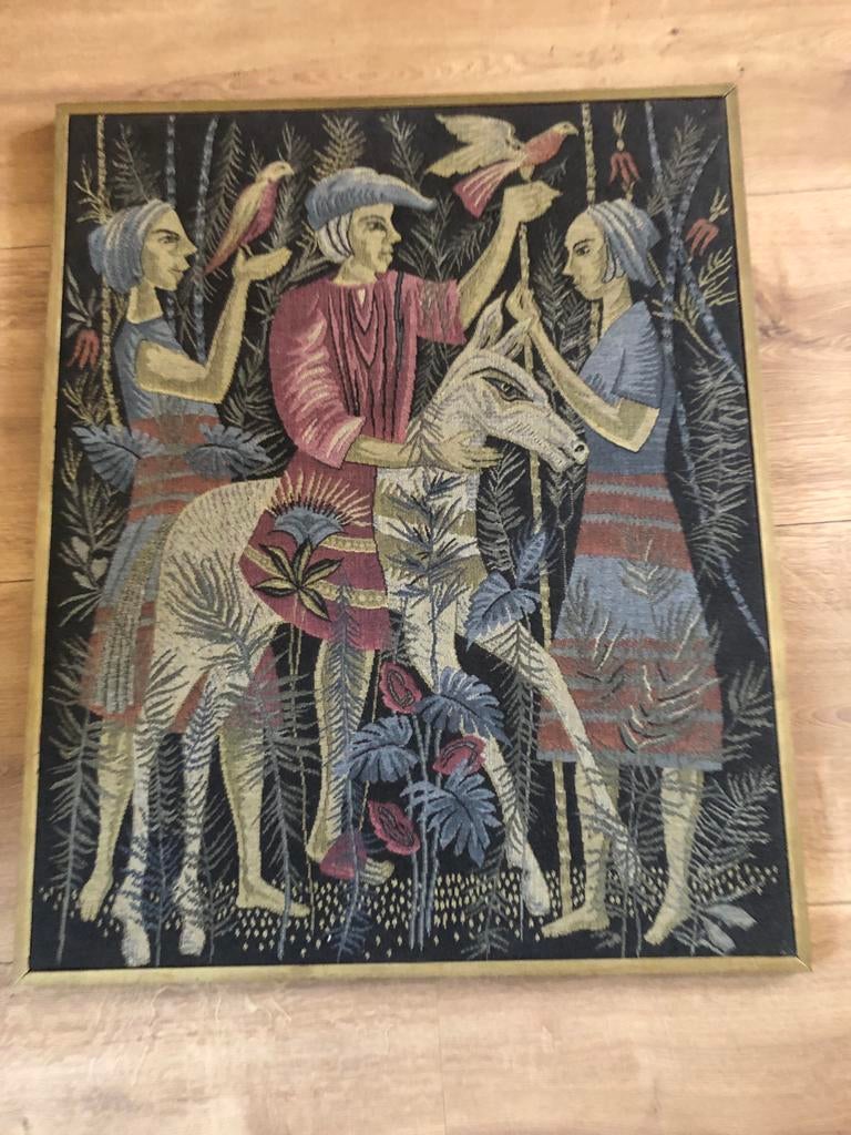 Vintage Frans Wandtapijt Valkenjacht in Lijst, Ophalen of Verzenden, Gebruikt