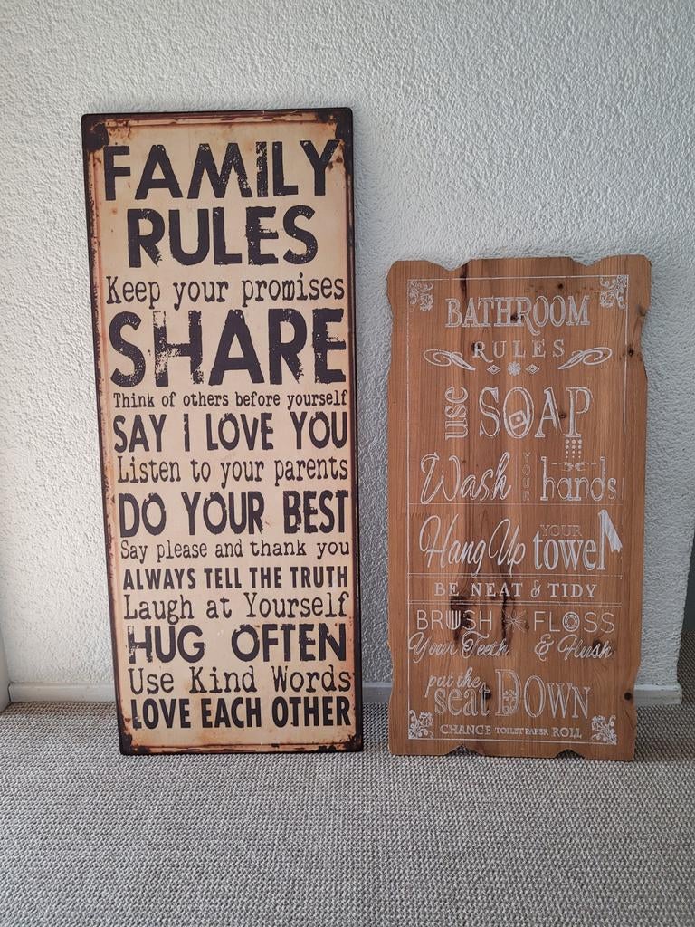 Tekstbord family rules en bathroom rules, Huis en Inrichting, Ophalen, Zo goed als nieuw