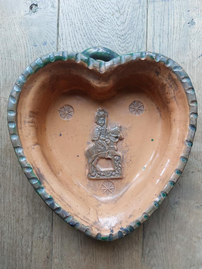 Antieke grote bakvorm Duits bauer aardewerk hart man paard, Ophalen
