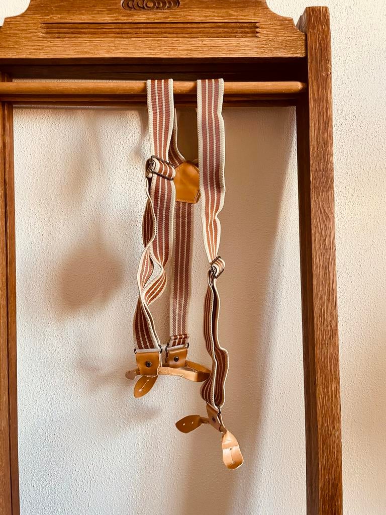 Vintage Bretels - Bruin/Beige Gestreept met Leren Details, Kleding | Heren, Ophalen of Verzenden, Gedragen