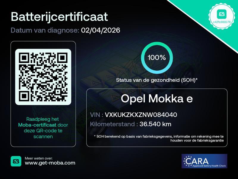 Opel Mokka-e Ultimate 50-kWh 11kw bl / SoH 100% / Stuur en S, 136 pk, Gebruikt, Zwart, Alcantara