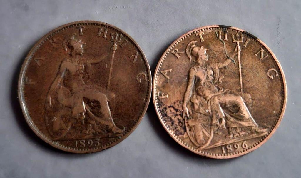 Engeland 2 x Farthing Queen Victoria 1895 + 1896, Postzegels en Munten, Munten | Europa | Niet-Euromunten, Ophalen of Verzenden