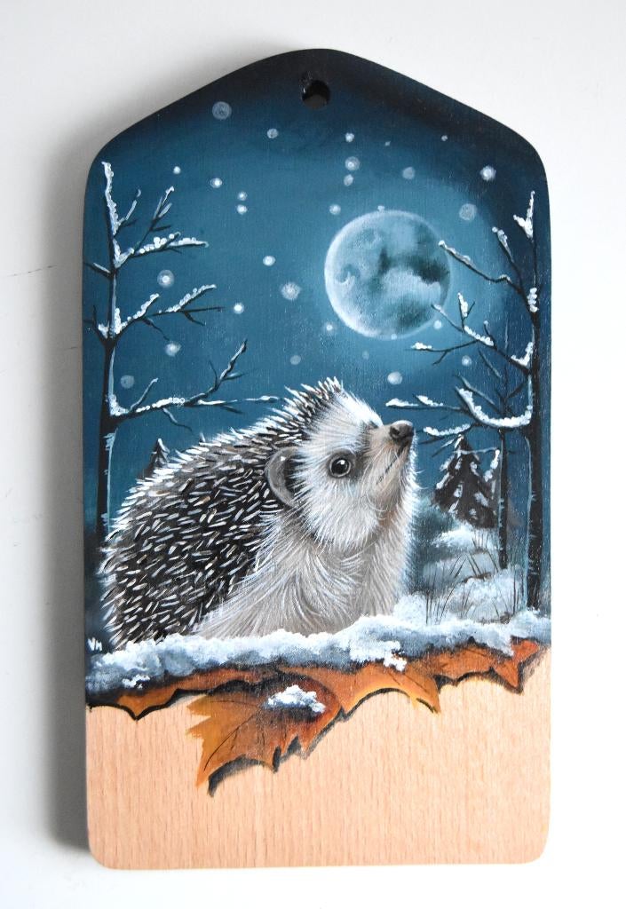 Egeltje in de winter, hand geschilderd op een houten plankje, Ophalen of Verzenden