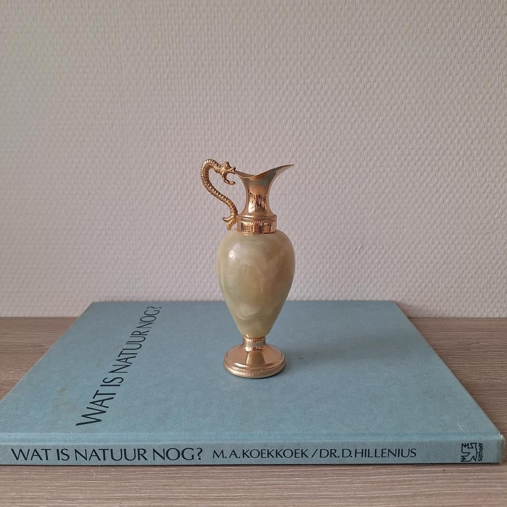Vintage brass/koper vaasje met onyx, Ophalen of Verzenden