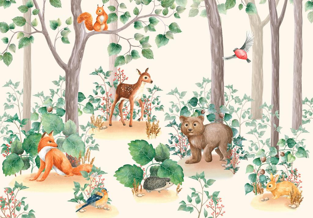 Bosdieren behang Bramenbos, baby- kinderkamer fotobehang, Verzenden, Nieuw