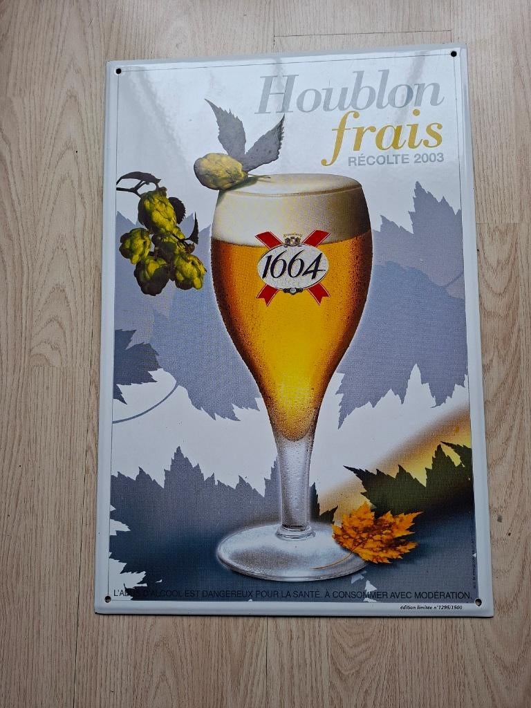 1664 Emaille bier bord 60 x 40 cm Houblon frais recolte 2003, Ophalen of Verzenden, Zo goed als nieuw, Reclamebord, Plaat of Schild