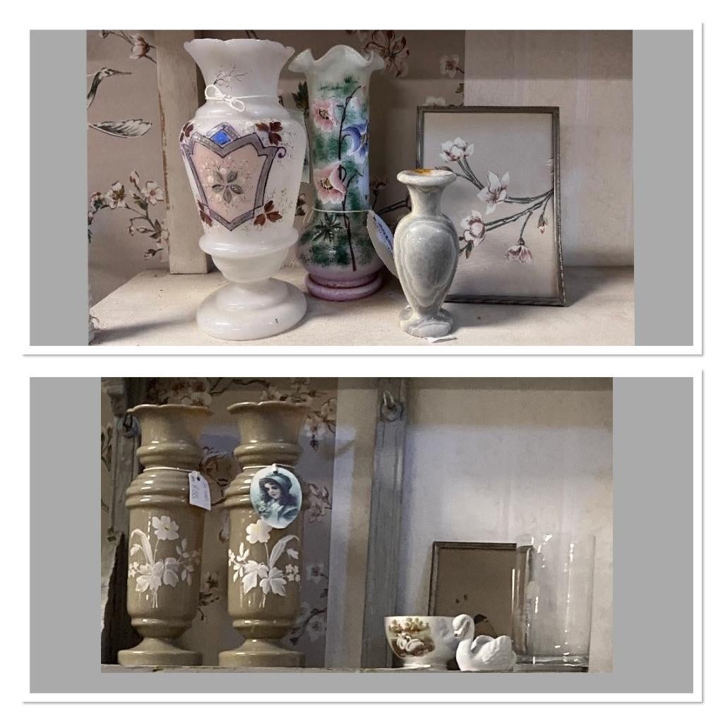 Brocante glazen vaasjes - spoelkommetje - fotolijstjes, Antiek en Kunst, Curiosa en Brocante, Ophalen of Verzenden