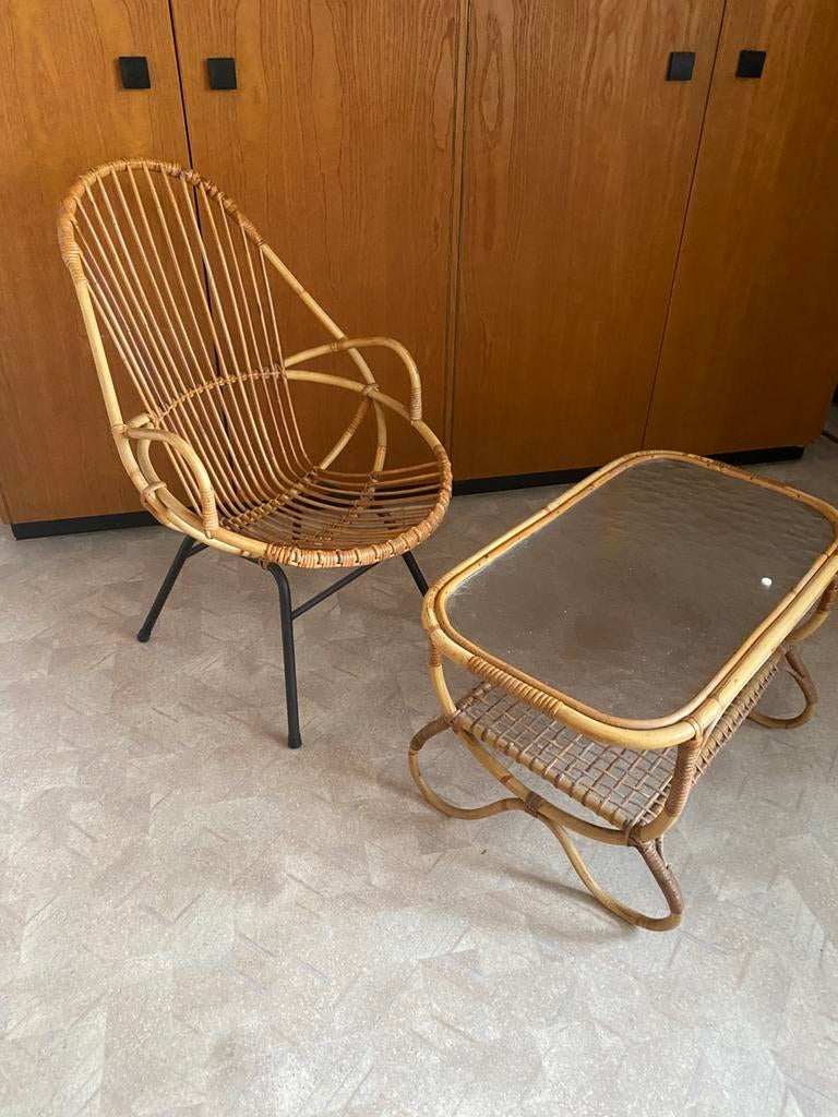 Vintage jaren 60 rotan fauteuil rotan tafel Rohé Noordwolde, Ophalen of Verzenden, Zo goed als nieuw, Rotan