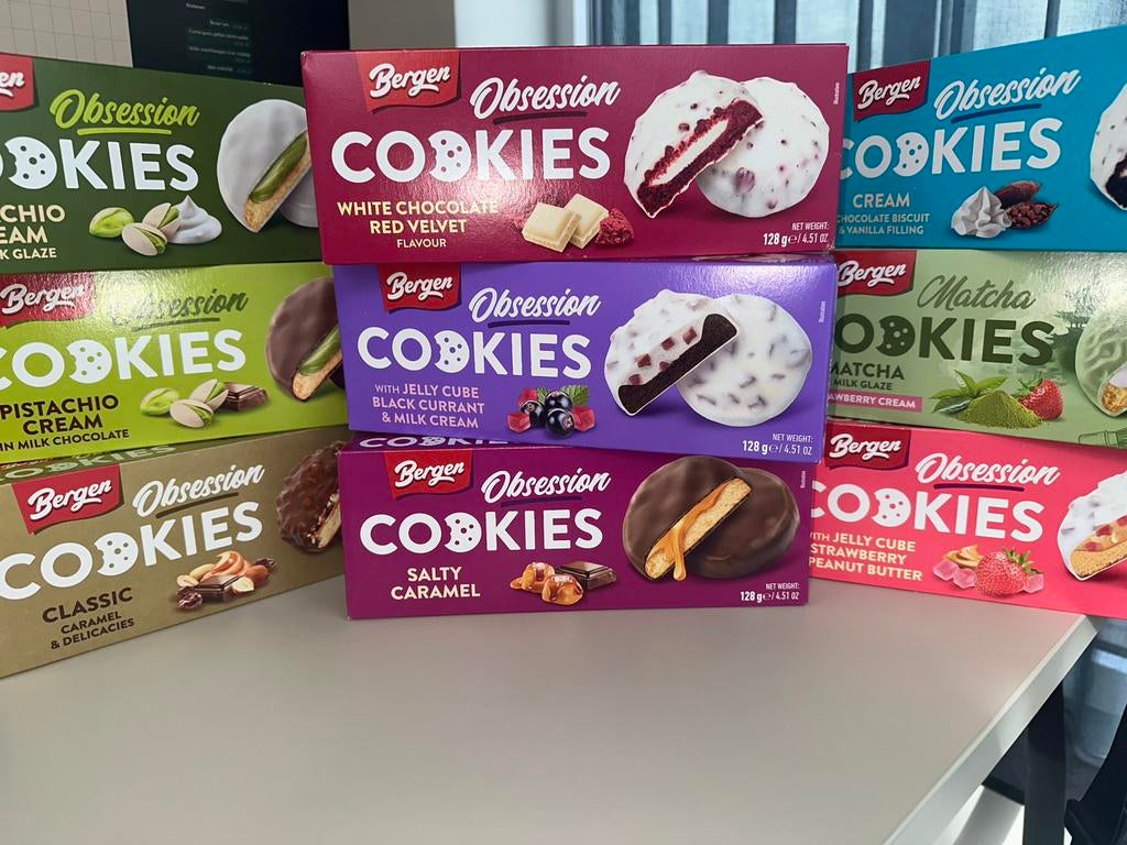 Alle varianten Bergen Obsession Cookies - 27x128gr, Diversen, Levensmiddelen, Ophalen of Verzenden