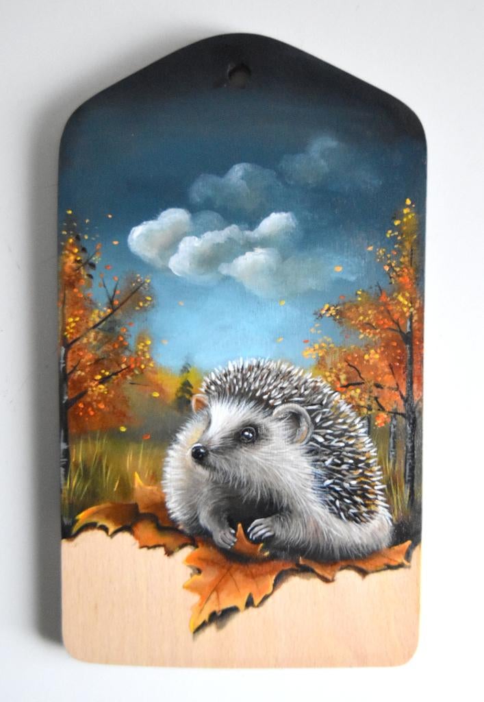 Egeltje in de herfst, hand geschilderd op een houten plankje, Ophalen of Verzenden