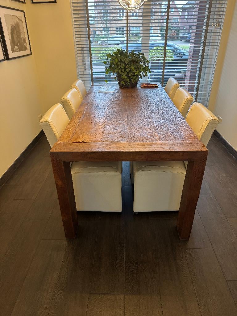 Eettafel landelijk robuust ruw teak hout 225 cm x 100 cm, Ophalen, 100 tot 150 cm, Teakhout, 200 cm of meer