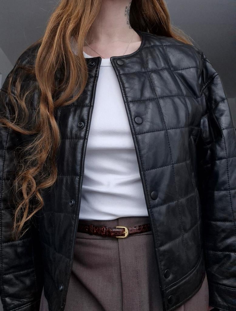 H&M Premium Selection leren bomberjack, Kleding | Dames, Jassen | Zomer, H&M, Zwart, Maat 42/44 (L), Ophalen of Verzenden