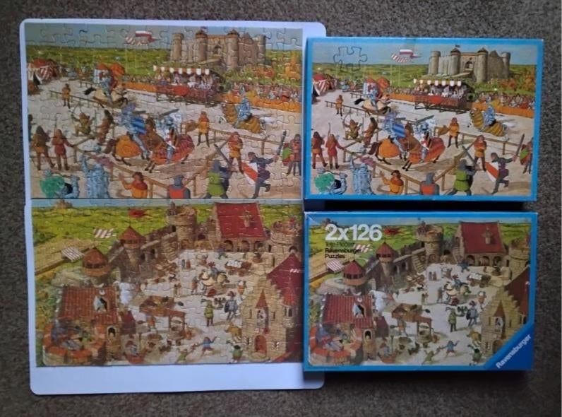 Vintage Ravensburger puzzel 'ridderburcht/ toernooiveld', Ophalen, Minder dan 500 stukjes, Zo goed als nieuw, Legpuzzel