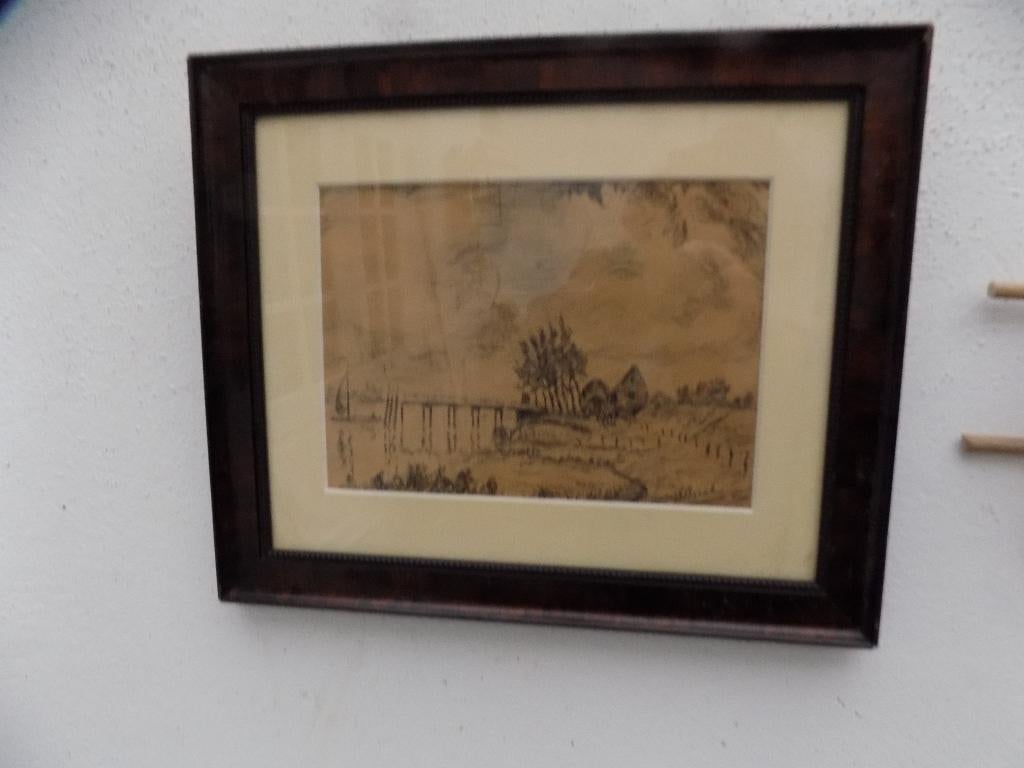 tekening riviergezicht met dijkhuis aanlegsteiger zeilboot, Ophalen of Verzenden, Gebruikt