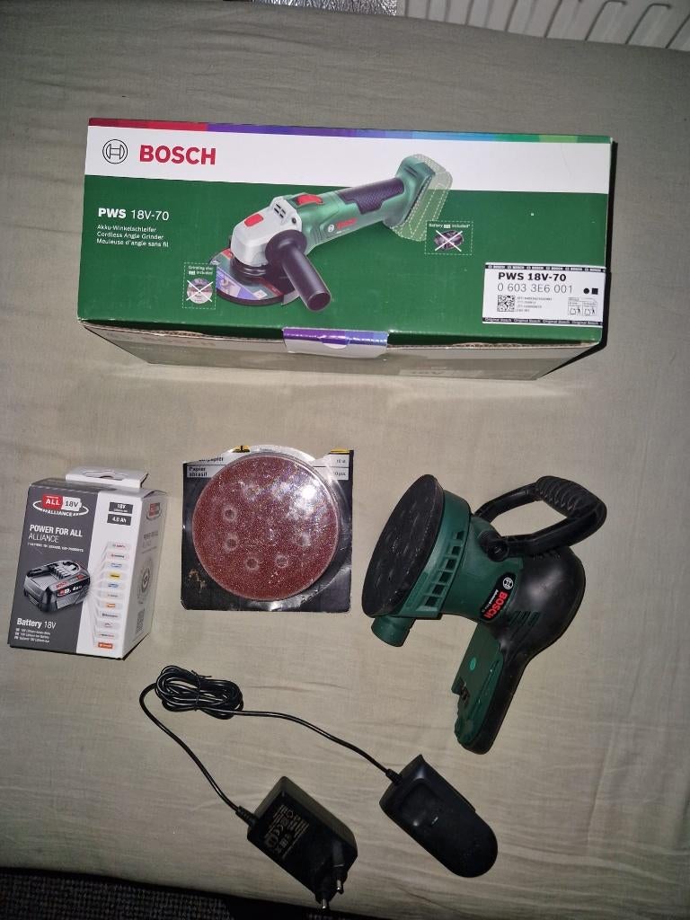 Bosch Accu haakse slijper + schuurmachine + accu 4Ah PWS, Decoupeerzaag, Nieuw, Ophalen of Verzenden, 30 tot 70 mm