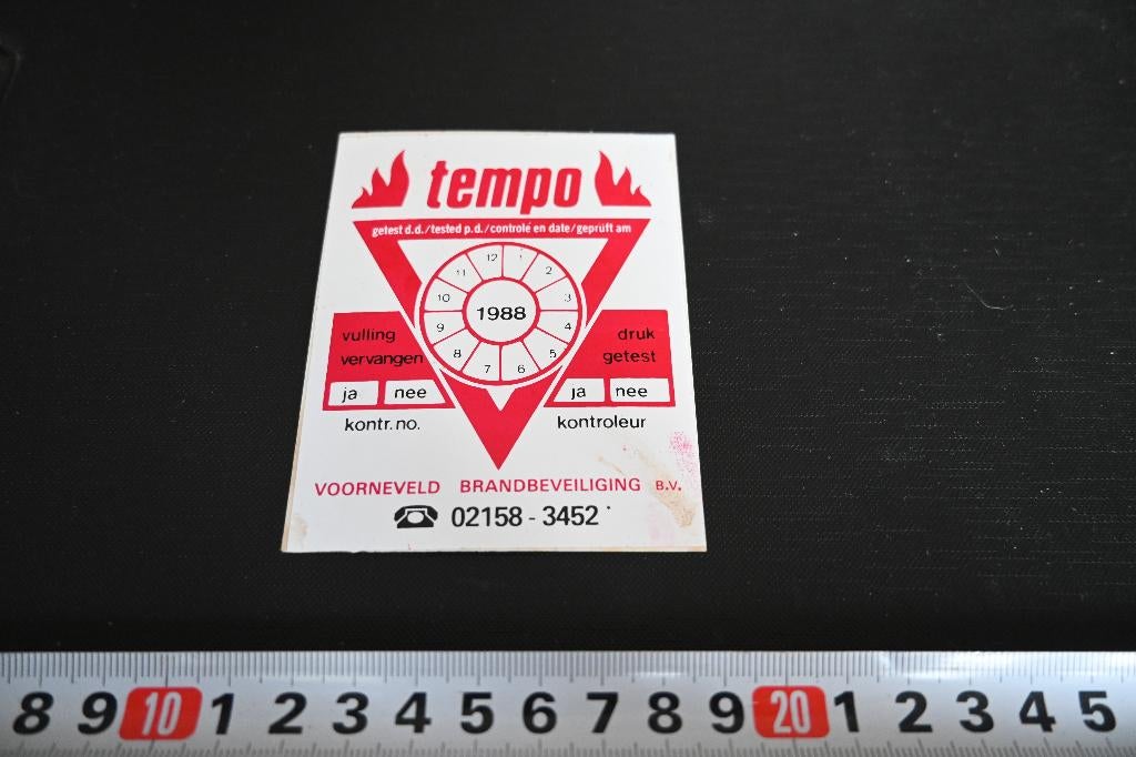 sticker TEMPO Voorneveld Brandbeveiliging bv 02158-3452, Ophalen, Zo goed als nieuw