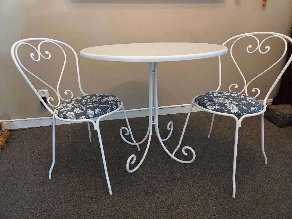 Vintage bistroset Franse stijl gietijzeren tafel + 2 stoelen, Tuin en Terras, Overige materialen, Zo goed als nieuw, Tuinset, Eettafel