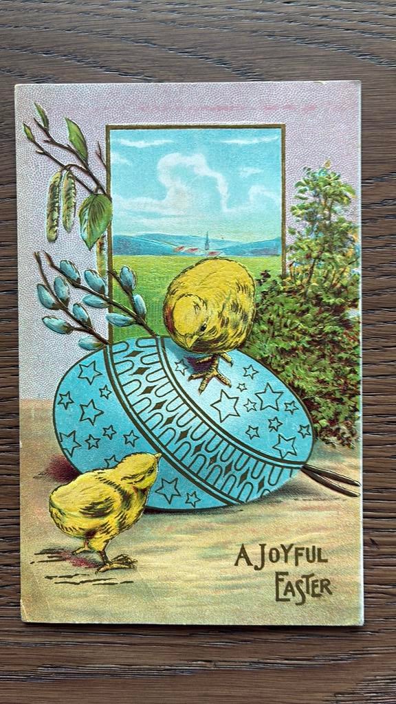 Vrolijk Pasen. Reliëfkaart. Ei,kuikens,katjes.landelijk,, Ophalen of Verzenden, Voor 1920, Overige thema's