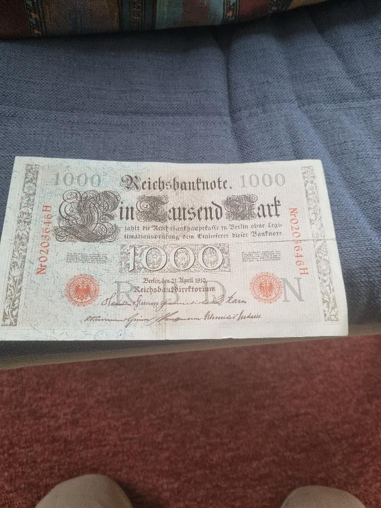 Duitsland: een 1000 Mark biljet met twee vouwen uit 1910., Postzegels en Munten, Bankbiljetten | Europa | Niet-Eurobiljetten, Ophalen of Verzenden