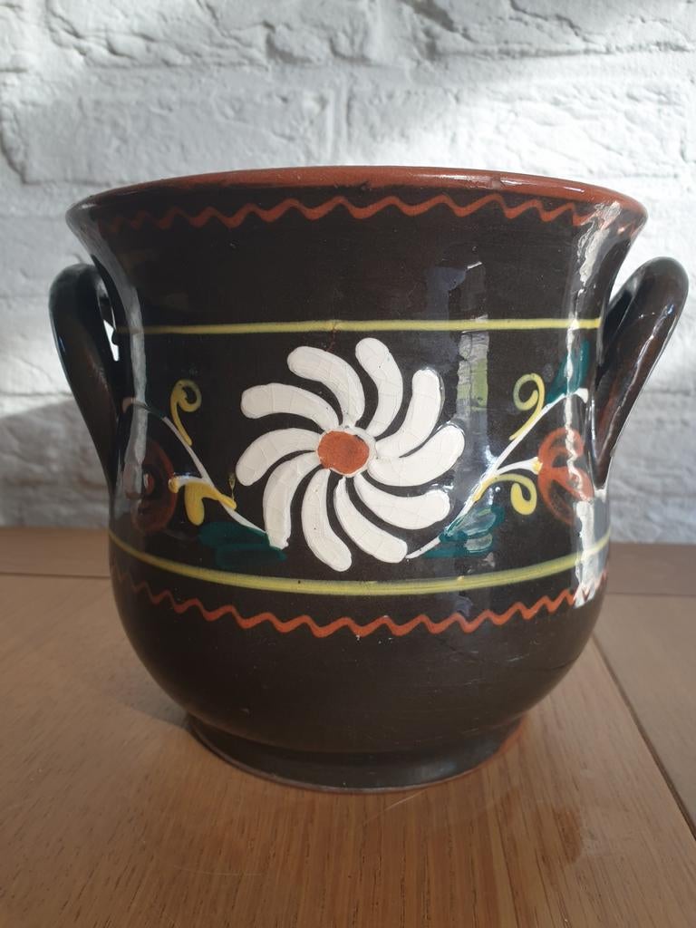 Vintage handgeschilderde grote bloempot. H 16 cm. Ø 16 cm., Antiek en Kunst, Antiek | Keramiek en Aardewerk, Ophalen of Verzenden