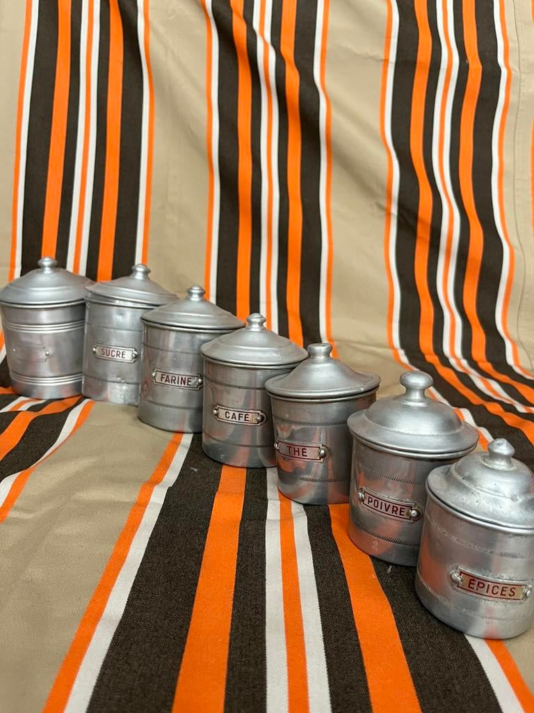 7 vintage aluminium voorraadpotten passen in elkaar, Overige typen, Ophalen of Verzenden, Overige stijlen, Glas