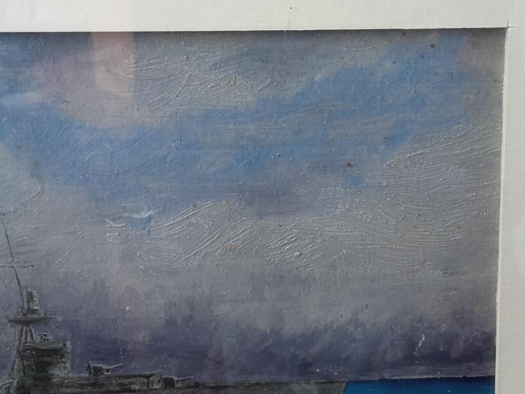 Mooi oud Engels ingelijst schilderij met een oorlogsschip., Antiek en Kunst, Ophalen of Verzenden