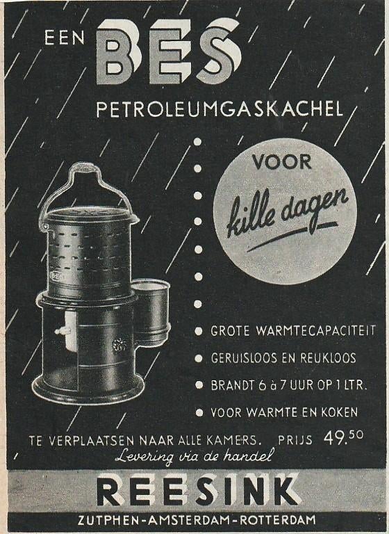 Retro reclame 1953 Reesink Bes petroleum kachel kille dagen, Verzamelen, Verzenden, Overige typen
