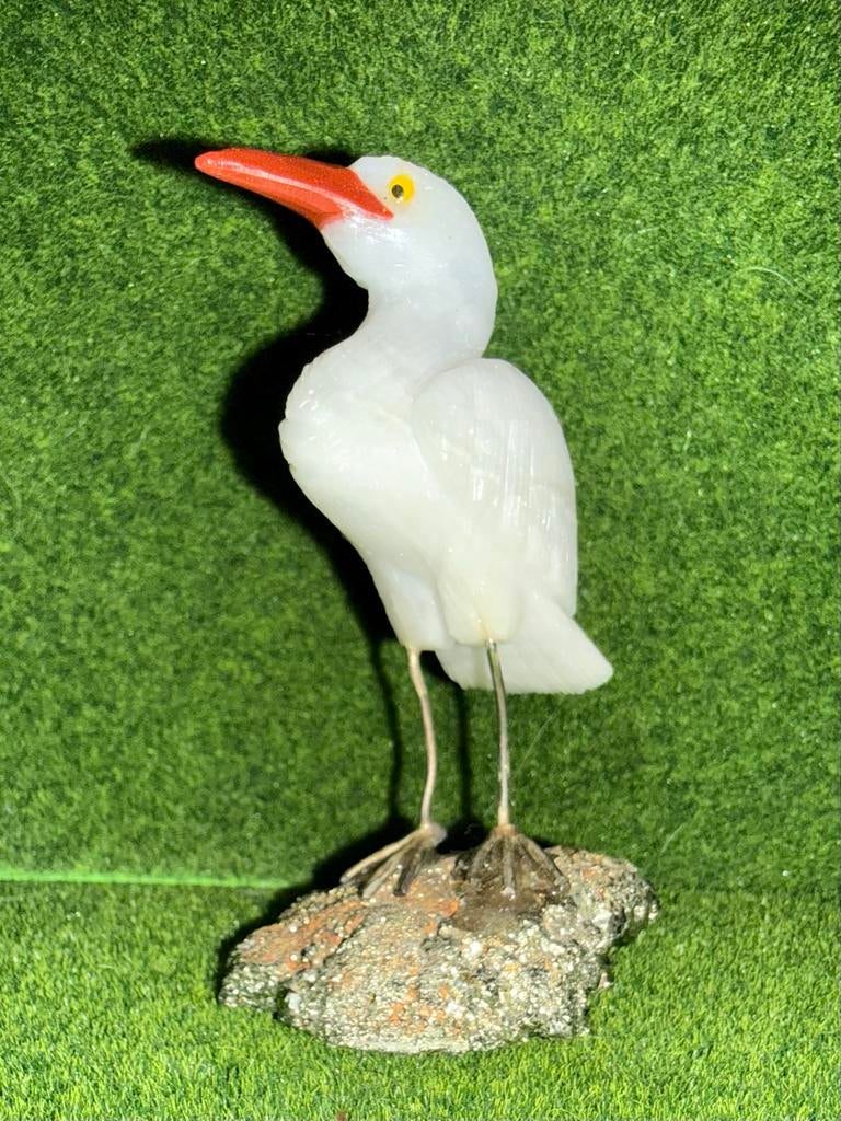 Handgesneden Calciet Reiger op Pyrietbasis - Uniek Decor, Ophalen of Verzenden