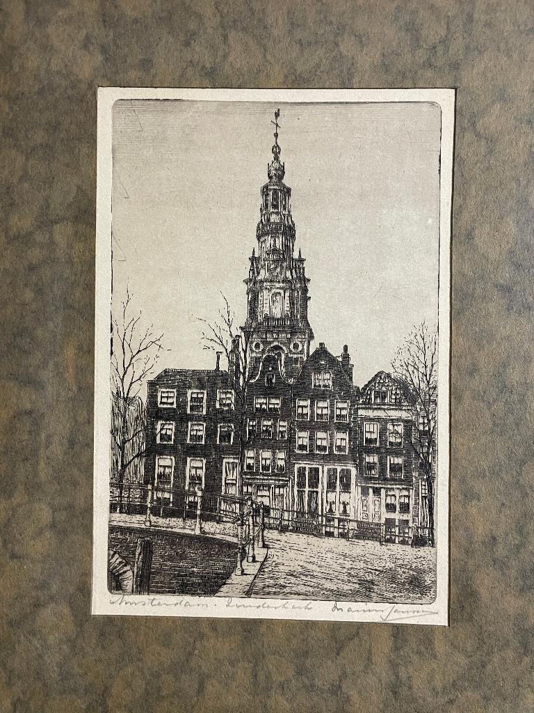Zuiderkerk Amsterdam - ets van Marius Janssen, Antiek en Kunst, Kunst | Etsen en Gravures, Ophalen of Verzenden