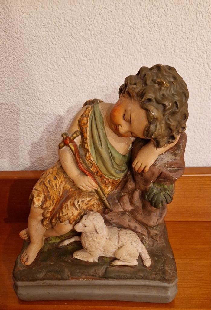 Antiek kindje Jezus beeld met schaapje gips, Ophalen of Verzenden