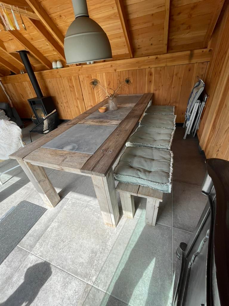 Tuintafel met bank, Tuin en Terras, Ophalen, Gebruikt, Rechthoekig, Hout