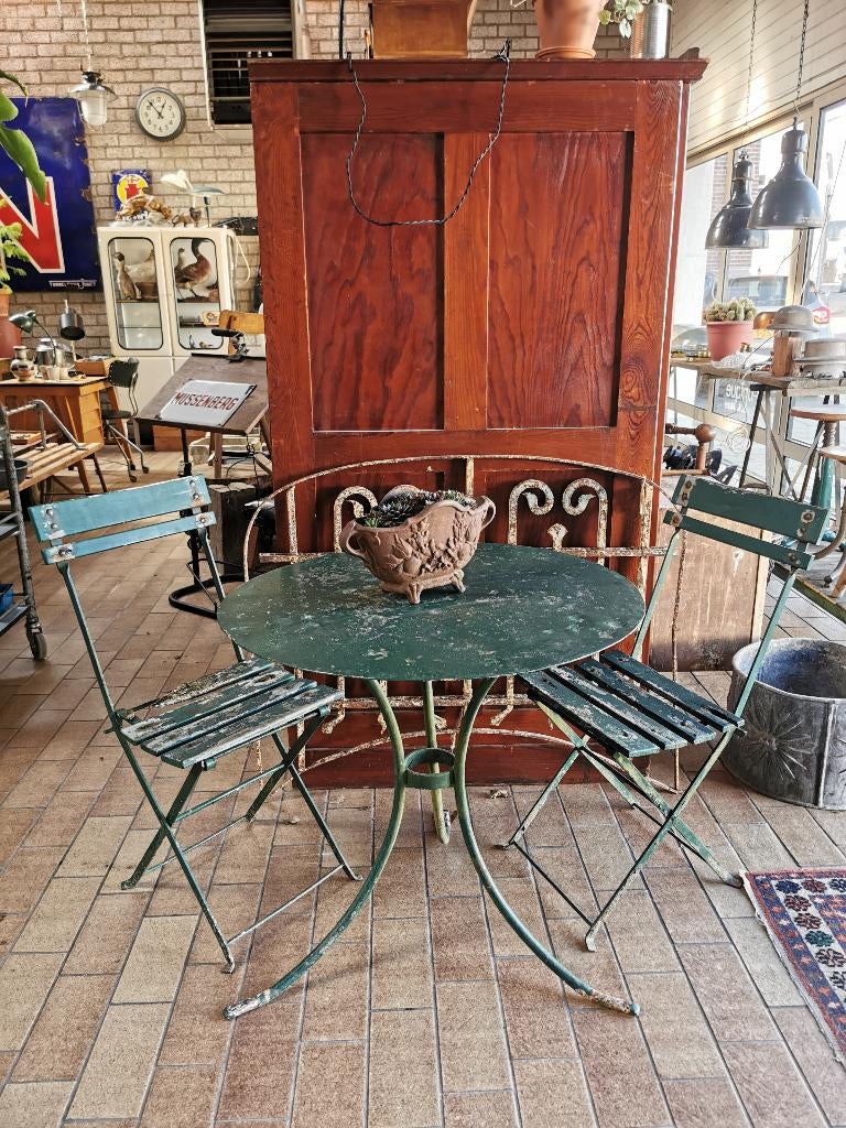 Oude ijzeren Franse bistro tafel/set, Ophalen, Gebruikt, Rond, Metaal