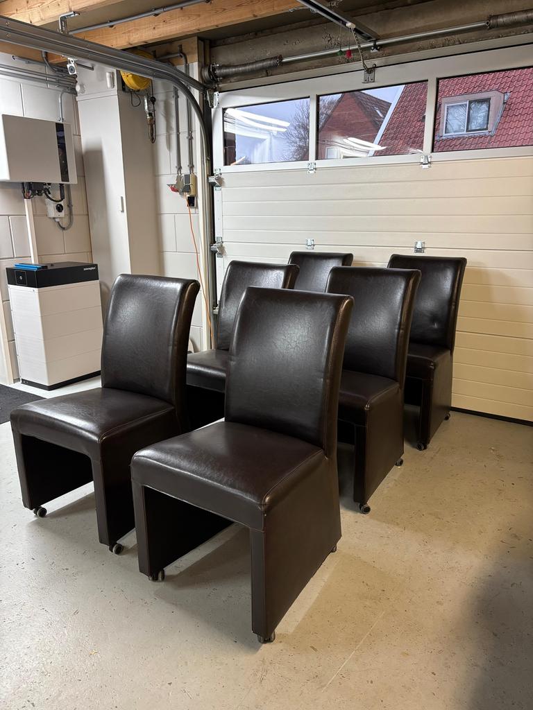 6 leren eetkamerstoelen, Huis en Inrichting, Ophalen of Verzenden, Gebruikt, Bruin