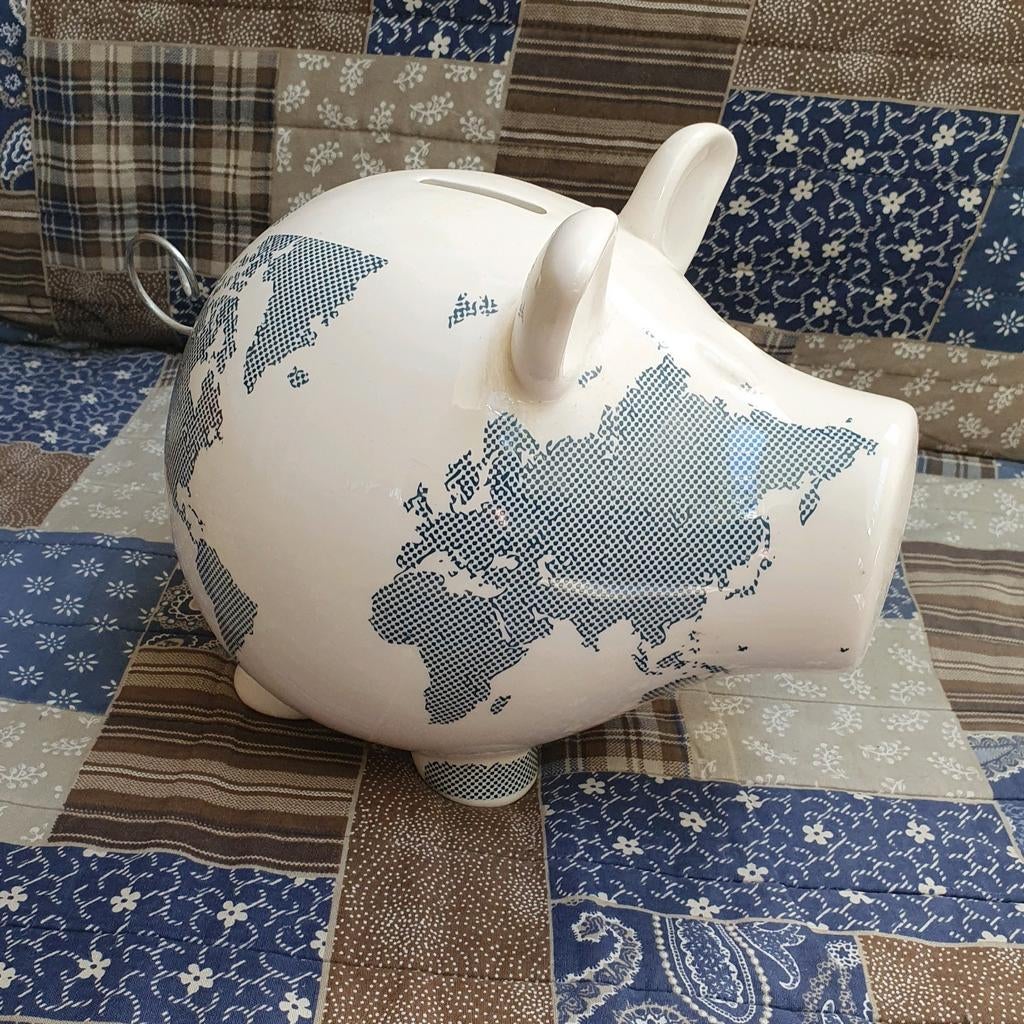 Groot spaarvarken met wereldkaart opdruk, Ophalen of Verzenden, Zo goed als nieuw, Steen, Aardewerk of Keramiek, Dier