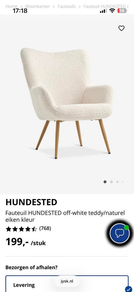 Jysk Fauteuil HUNDESTED off-white teddy, Ophalen, Zo goed als nieuw, 75 tot 100 cm, 50 tot 75 cm