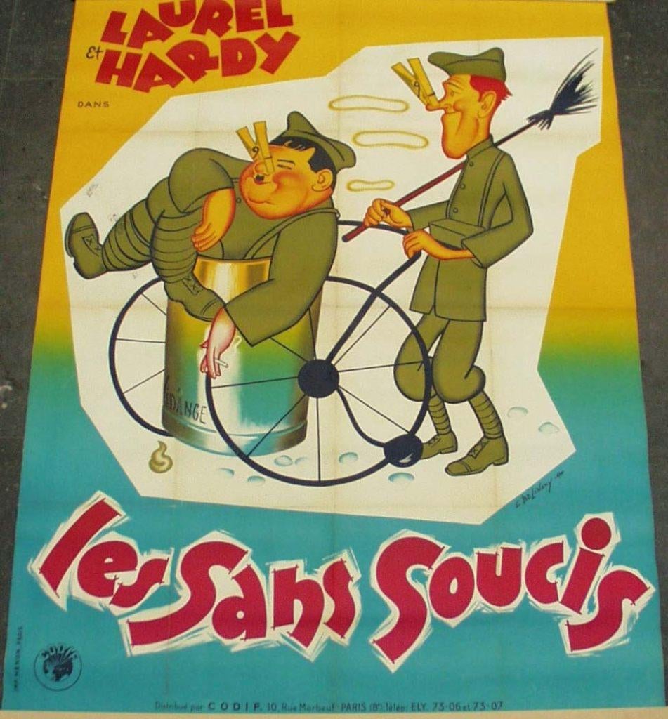 Grote affiche voor "Les sans soucis" met laurel & hardy., Deurposter of groter, Ophalen of Verzenden, Film en Tv, Rechthoekig Staand