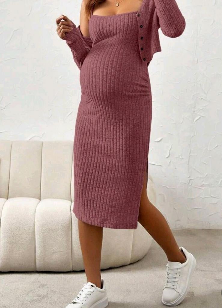 Leuke oudroze zwangerschapsjurk met vestje - 2-delig, Kleding | Dames, Positiekleding, Zo goed als nieuw, Jurk, Maat 38/40 (M)