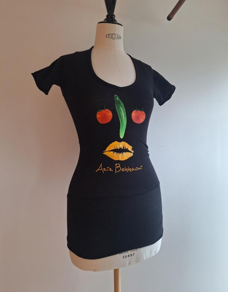 xs print tshirt groenten gezicht aziz bekkaoui y2k dutch, Zwart, Ophalen of Verzenden, Zo goed als nieuw, Korte mouw