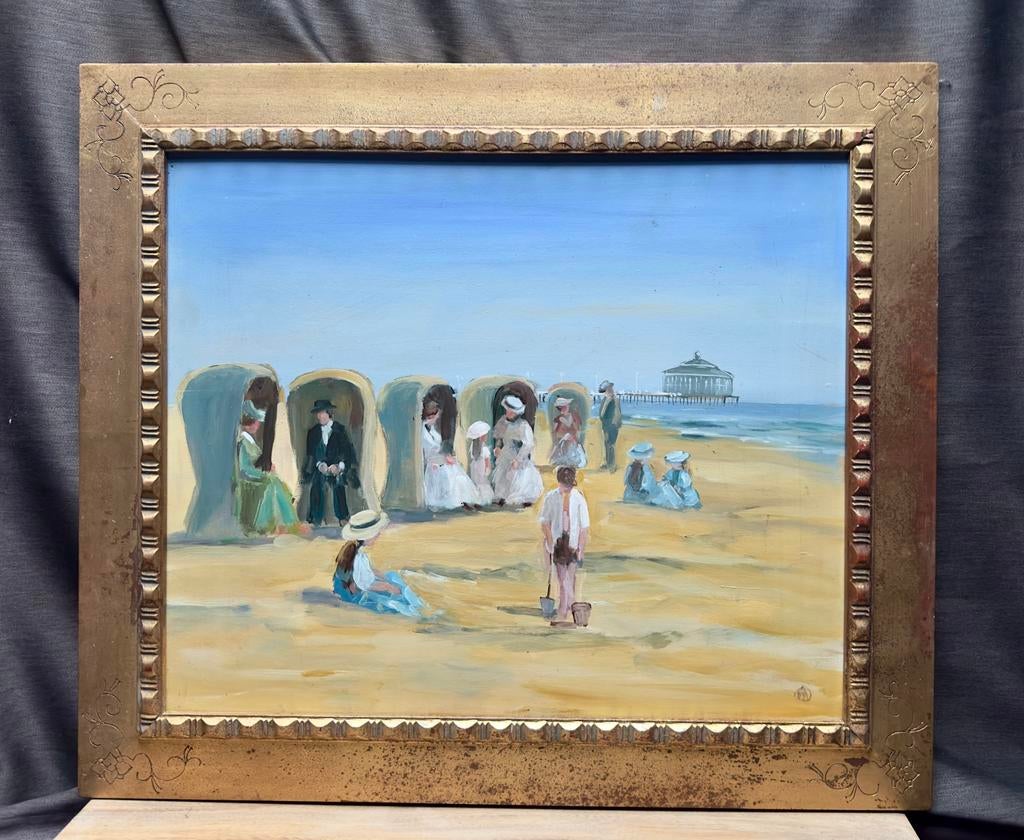 STRANDGEZICHT “ RIETEN STRANDSTOELEN SCHEVENINGEN” 50x60 CM., Antiek en Kunst, Kunst | Schilderijen | Klassiek, Ophalen of Verzenden