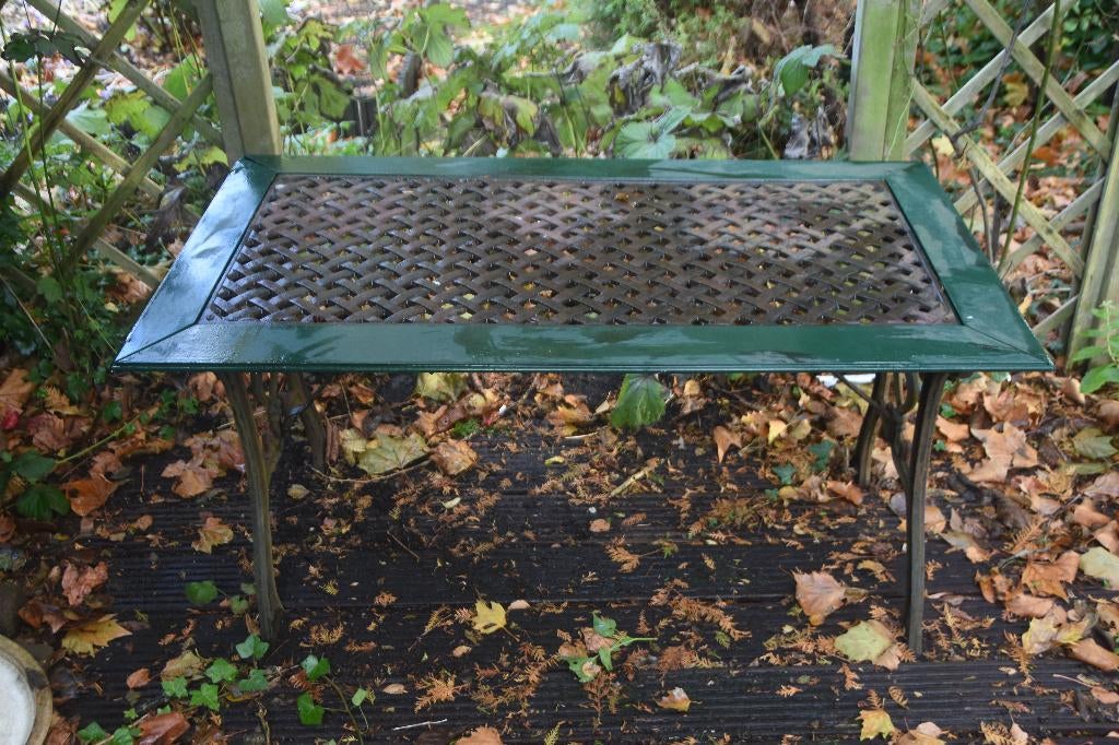 Robuuste gietijzeren tuintafel smeedijzer + sierlijke poten, Tuin en Terras, Tuintafels, Ophalen, Gebruikt, Rechthoekig, Overige materialen