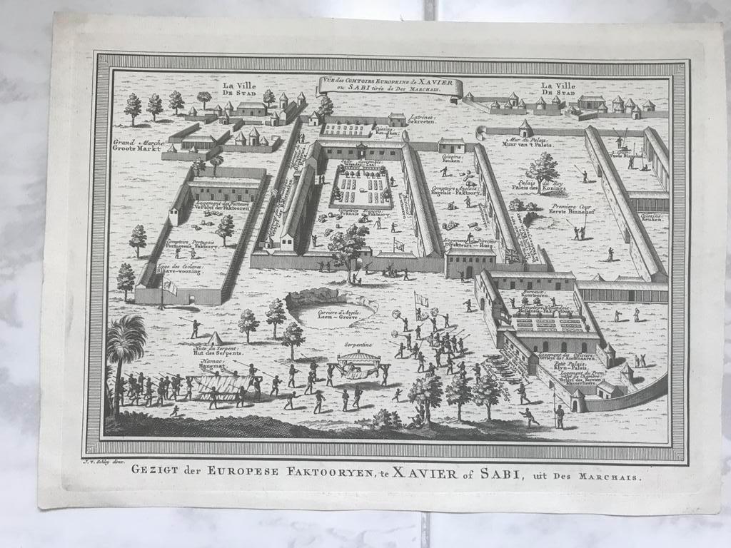 Gezigt der Europese Faktooryen, Xavier of Sabi, 1747, Bellin, Antiek en Kunst, Kunst | Etsen en Gravures, Ophalen of Verzenden