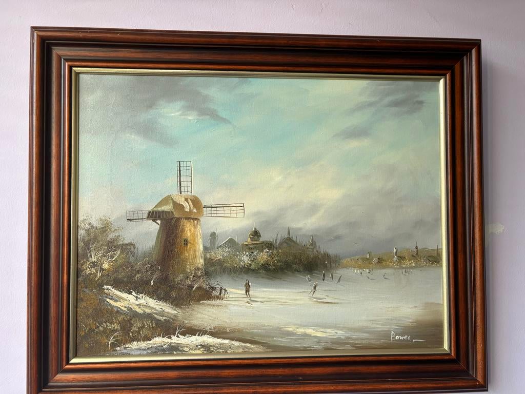 Sfeervol winterschilderij met schaatsers en molen, Antiek en Kunst, Kunst | Schilderijen | Klassiek, Ophalen of Verzenden