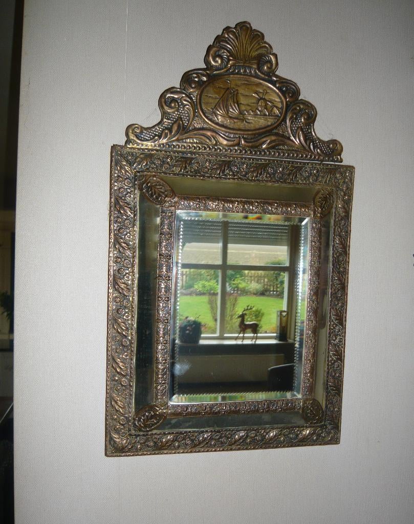 spiegel latoenkoper Barokstijl met kuif en zeilboot 57x32, Ophalen, Rechthoekig, Minder dan 50 cm, Minder dan 100 cm