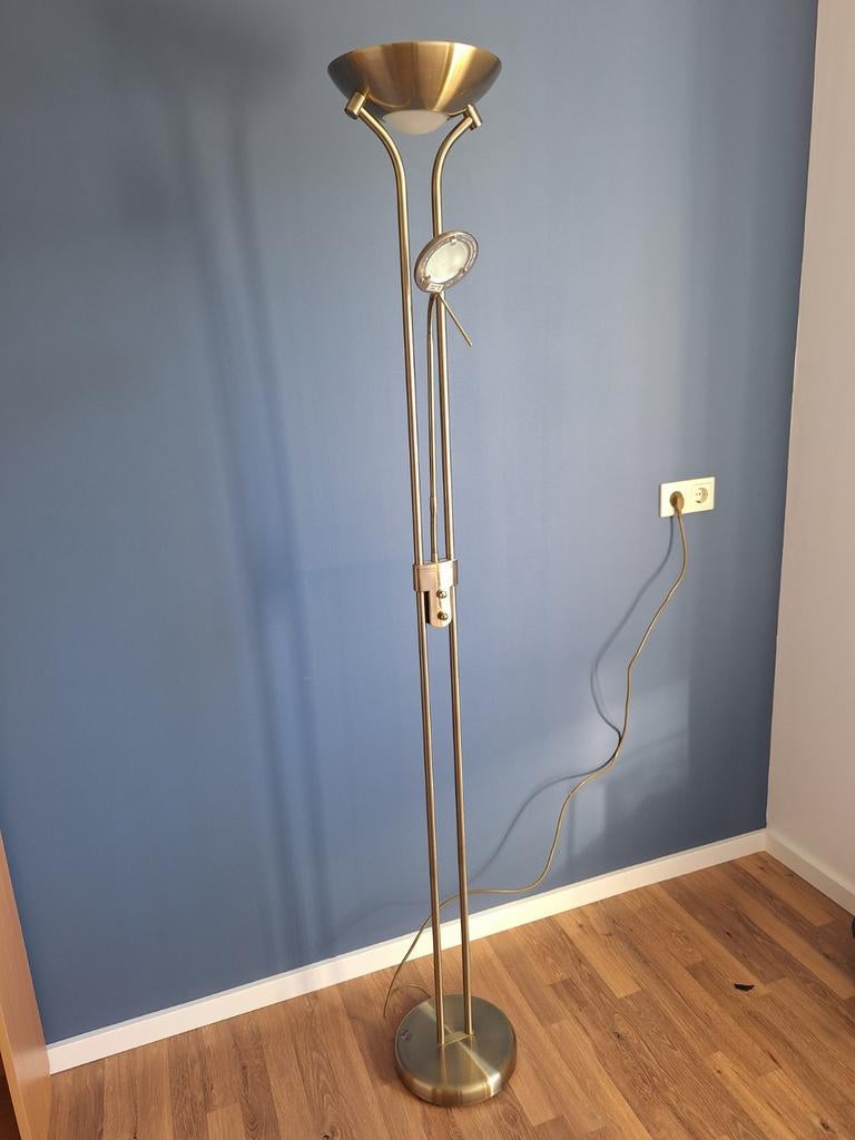 Messing vloerlamp met leeslamp en dimmers, Huis en Inrichting, Lampen | Vloerlampen, Ophalen, Gebruikt, 150 tot 200 cm