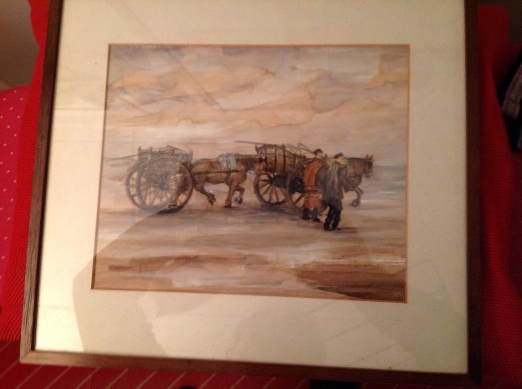 schilderij  "Strandjutters of visser met kar en paarden', Antiek en Kunst, Ophalen of Verzenden