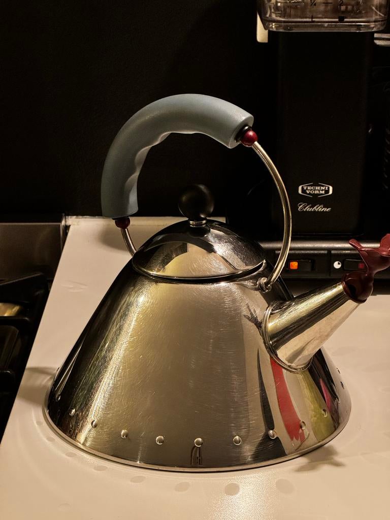 Alessi waterketel - Design fluitketel met vogel, 1 tot 2 liter, Ophalen of Verzenden, Gebruikt, Rvs