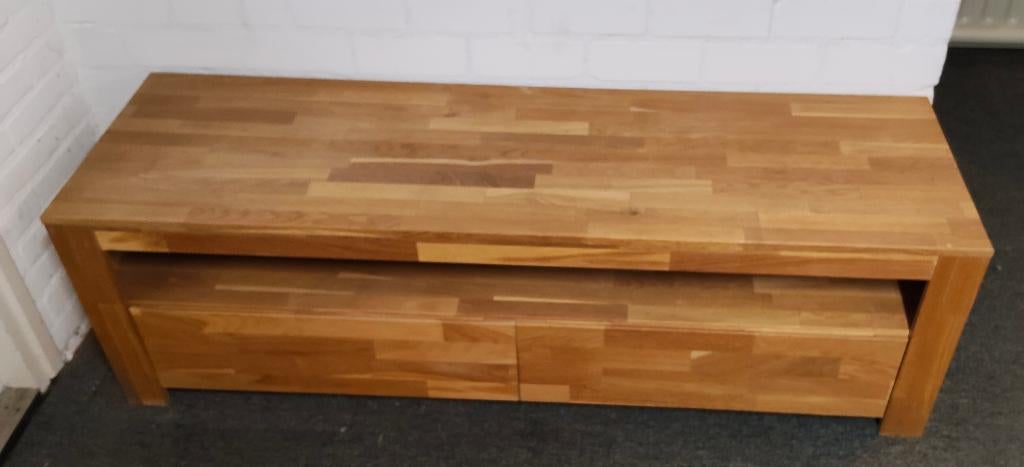Tv meubel massief eiken, Ophalen, 100 tot 150 cm, Mooi strak model, Eikenhout