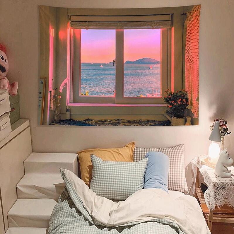 Raam Met Zee En Zon Wandkleed / 3D Wand Kleed Tapijt Water, Verzenden, Nieuw, Rechthoekig, 150 tot 200 cm