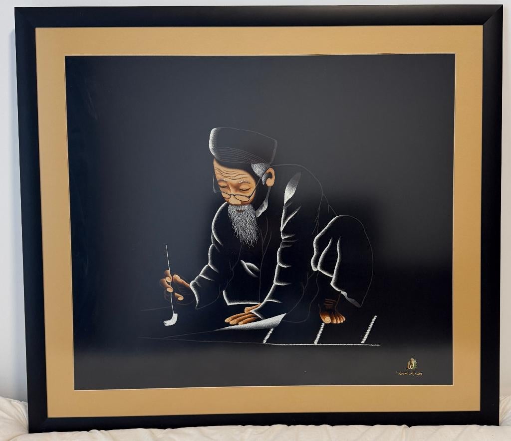 Geweven doek met chinees in lijst, Ophalen, Metaal of Aluminium, Zo goed als nieuw, 75 tot 100 cm